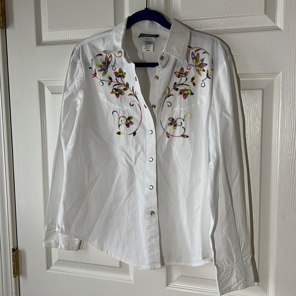 Rough Rider Pearl Snap Western Long Sleeve White Shirt Rainbow Embroidery, Sz L